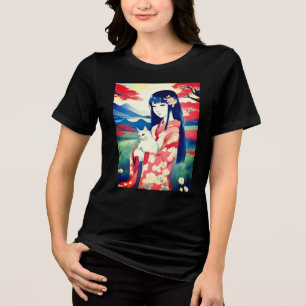 Japanese Girl with a White Cat Tri-Blend Shirt