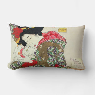 Japanese girl with Cat, Tsukioka Yoshitoshi Lumbar Cushion