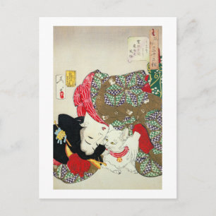 Japanese girl with Cat, Tsukioka Yoshitoshi Postcard