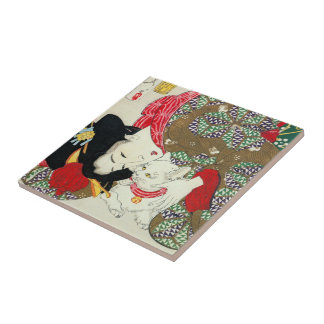 Japanese girl with Cat, Tsukioka Yoshitoshi Tile
