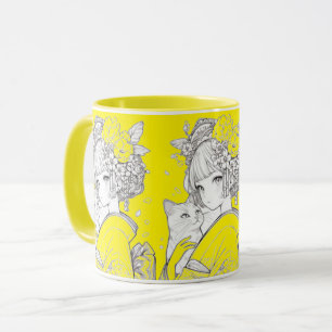 Japanese girl with kimono and kitten mug