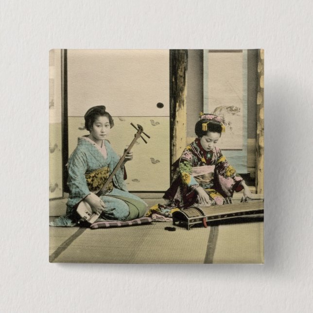 Japanese girls playing the flute, 'koto' and samis 15 cm square badge (Front)