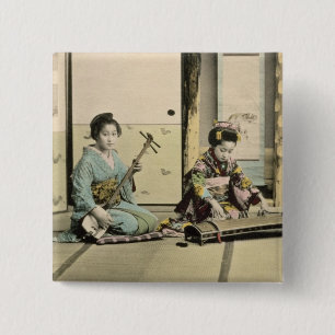 Japanese girls playing the flute, 'koto' and samis 15 cm square badge