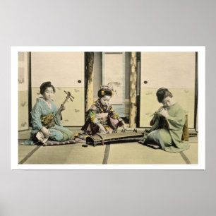 Japanese girls playing the flute, 'koto' and samis poster