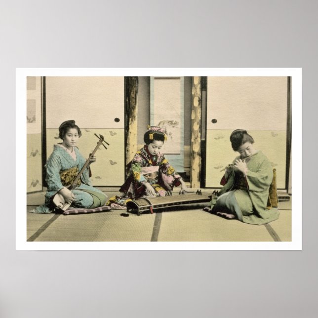 Japanese girls playing the flute, 'koto' and samis poster (Front)