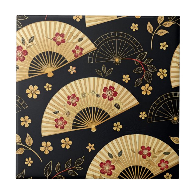 Japanese Gold Fan Sakura Pattern Ceramic Tile (Front)