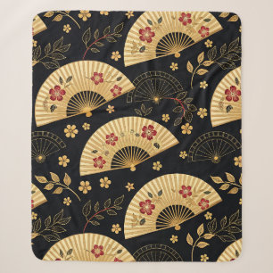 Japanese Gold Fan Sakura Pattern Sherpa Blanket