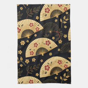 Japanese Gold Fan Sakura Pattern Tea Towel
