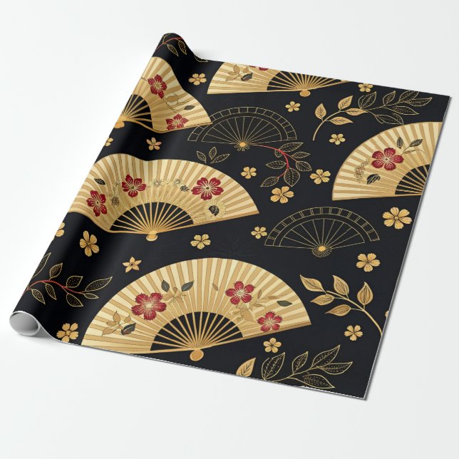 Japanese Gold Fan Sakura Pattern Wrapping Paper (Unrolled)