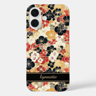 Japanese Gold Floral Pattern Monogrammed iPhone 16 Case