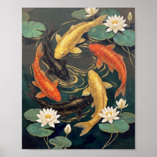 Japanese Gold Koi Fish & Lotus Pond Paintin Poster