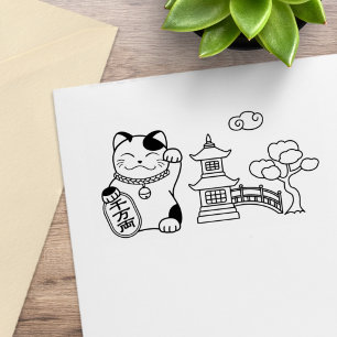 Japanese Good Luck Cat Rubber Stamp