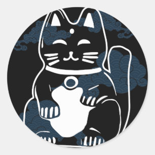 Japanese Good Luck Cat with clouds Classic Round Sticker