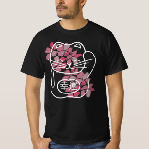 Japanese Good Luck Cat with pink Sakura Flowers T-Shirt