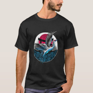 Japanese Graphic Crane Flying Over Waves Bird Art T-Shirt