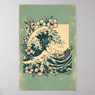 Japanese Great Wave Koi Fish & Cherry Blossom Art Poster