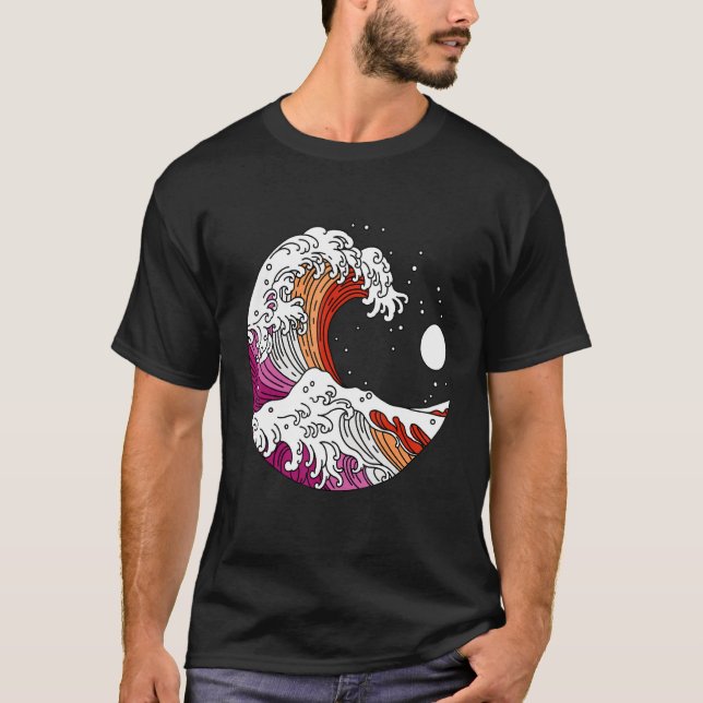 Japanese Great Wave Lesbian Pride Flag WlW Gay Gir T-Shirt (Front)