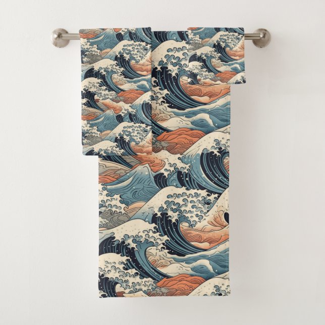 Japanese Great Wave Pattern  Bath Towel Set (Insitu)