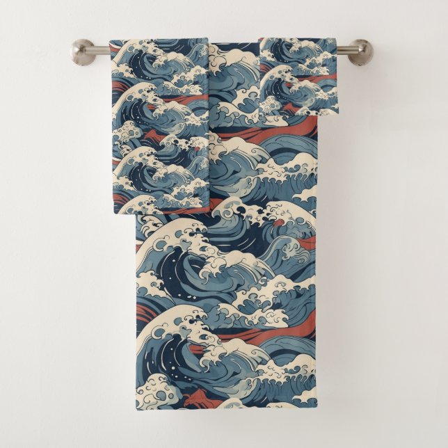 Japanese Great Wave Pattern  Bath Towel Set (Insitu)