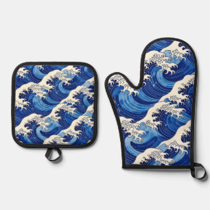 Japanese Great Wave Pattern Ocean Oven Mitt & Pot Holder Set