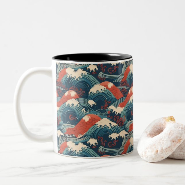 Japanese Great Wave Pattern  Two-Tone Coffee Mug (With Donut)