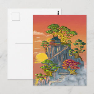 Japanese house and bonsai on the rocks. postcard