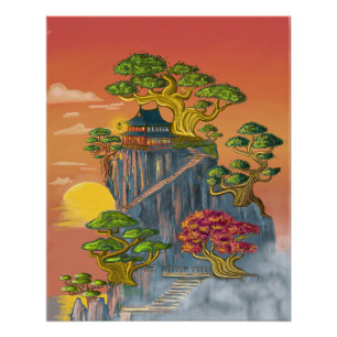 Japanese house and bonsai on the rocks. poster