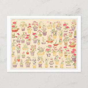 Japanese Illustration of Potted Plants / Bonsai Postcard