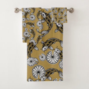 Japanese Indigo Gold Carp Folk Pattern Bath Towel Set