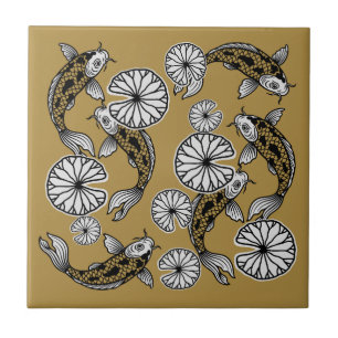 Japanese Indigo Gold Carp Folk Pattern Ceramic Tile