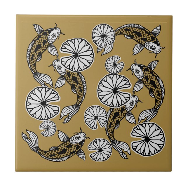 Japanese Indigo Gold Carp Folk Pattern Ceramic Tile (Front)