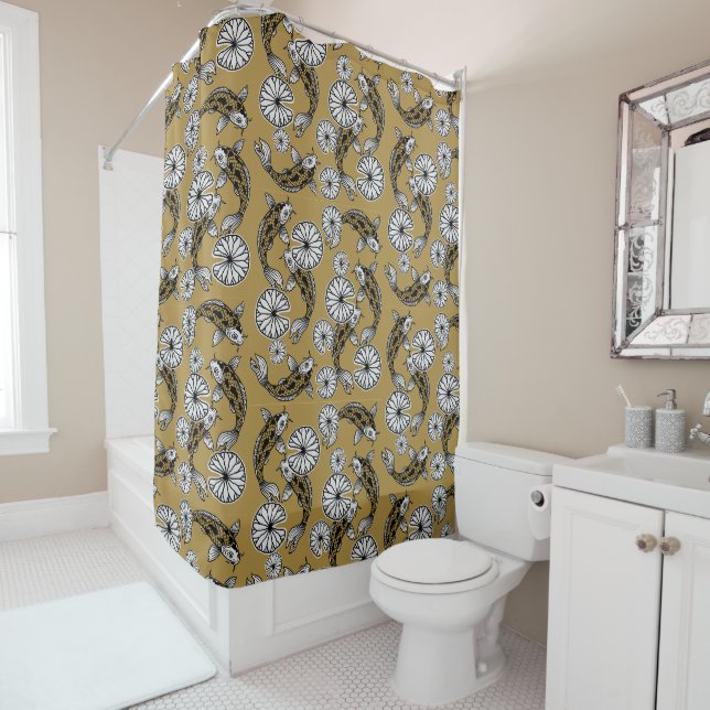 Japanese Indigo Gold Carp Folk Pattern Shower Curtain (In Situ)