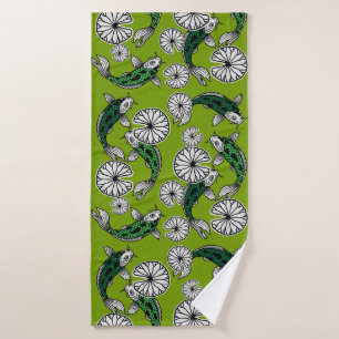 Japanese Indigo Green Carp Folk Pattern Bath Towel