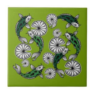 Japanese Indigo Green Carp Folk Pattern Ceramic Tile