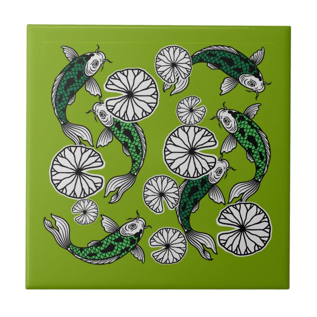 Japanese Indigo Green Carp Folk Pattern Ceramic Tile (Front)