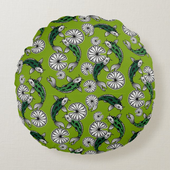 Japanese Indigo Green Carp Folk Pattern Round Cushion (Front)