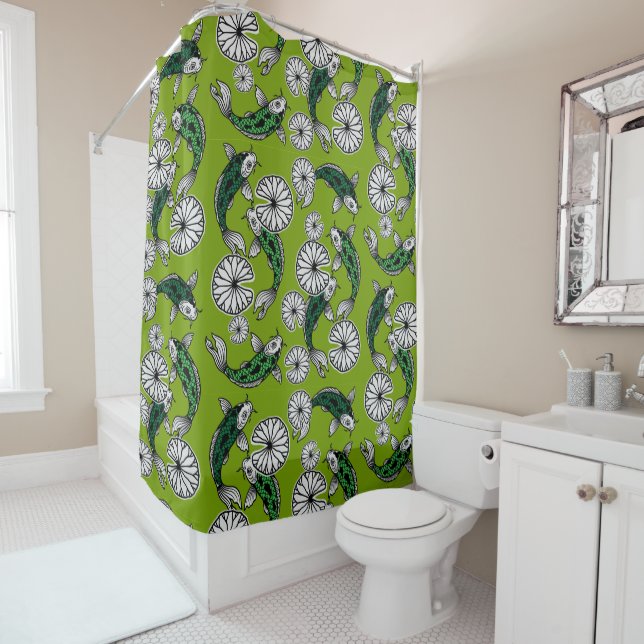 Japanese Indigo Green Carp Folk Pattern Shower Curtain (In Situ)