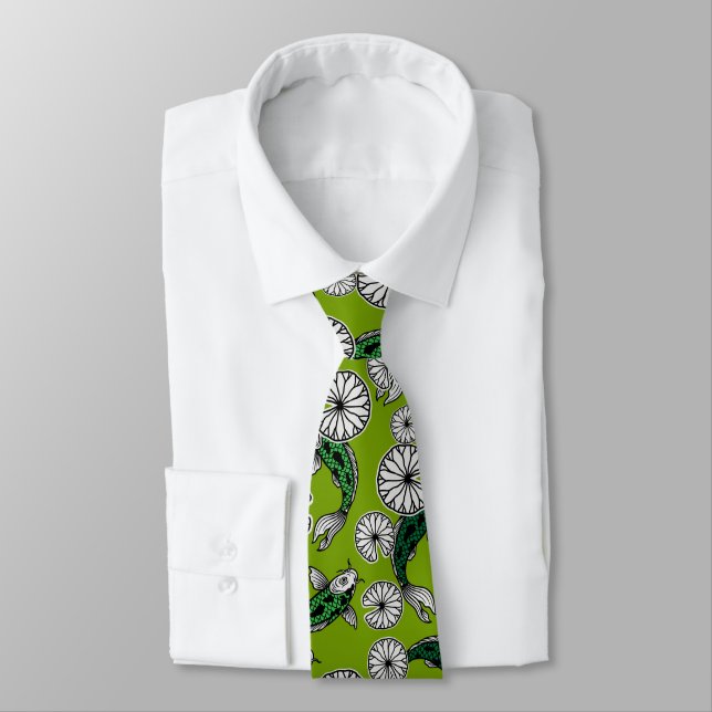 Japanese Indigo Green Carp Folk Pattern Tie (Tied)