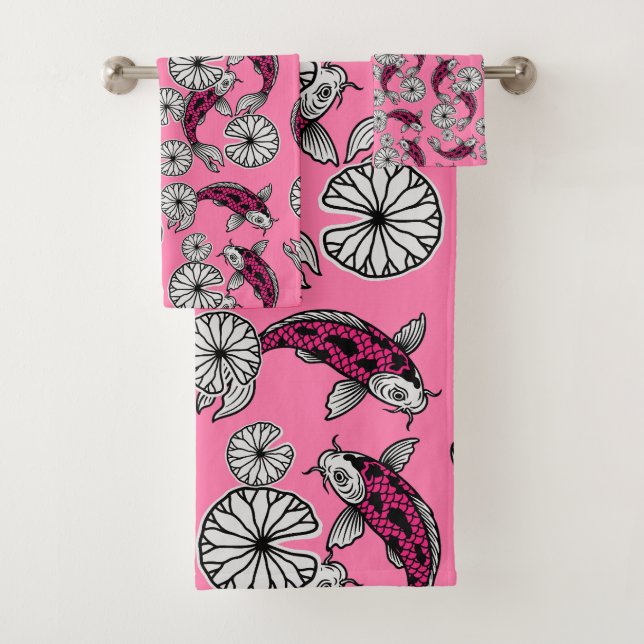 Japanese Indigo Pink Carp Folk Pattern Bath Towel Set (Insitu)