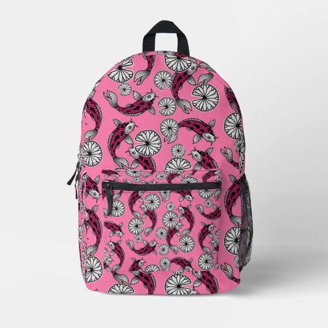 Japanese Indigo Pink Carp Folk Pattern Printed Backpack (Front)