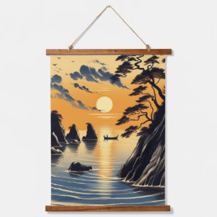 Japanese Ink Beach Sunset Sunrise Coastal Hanging Tapestry
