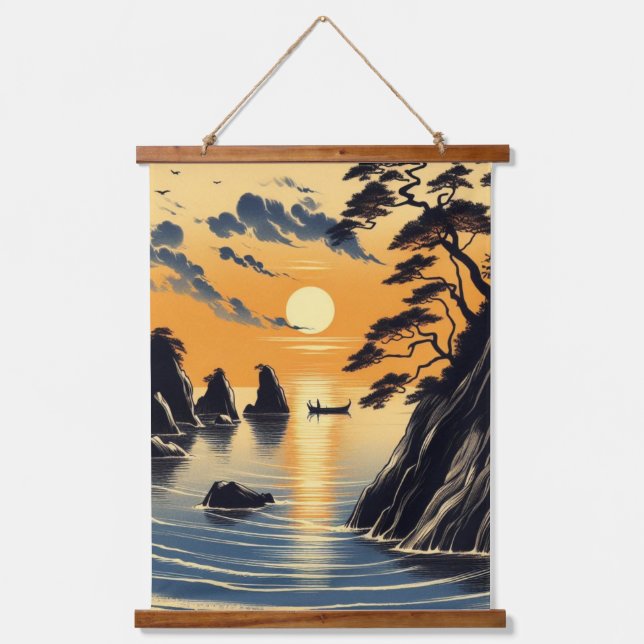 Japanese Ink Beach Sunset Sunrise Coastal Hanging Tapestry (Front)