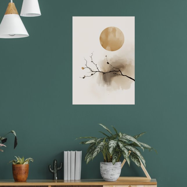 Japanese Ink Branch Poster | Zen Moon Wall Art (Living Room 1)