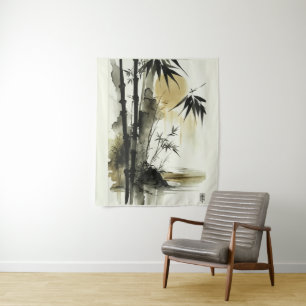 Japanese ink brush abstract nature art tapestry