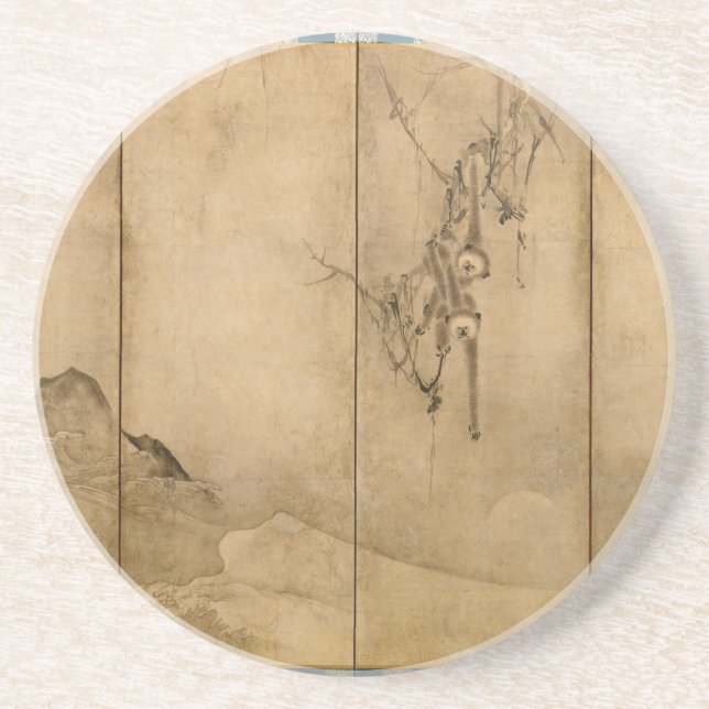 Japanese Ink on paper Gibbons Primates & Landscape Coaster (Front)