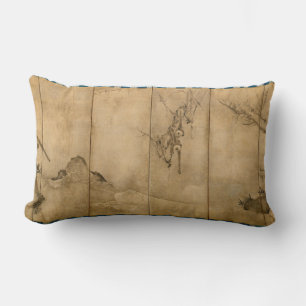 Japanese Ink on paper Gibbons Primates & Landscape Lumbar Cushion