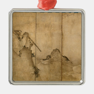 Japanese Ink on paper Gibbons Primates & Landscape Metal Ornament