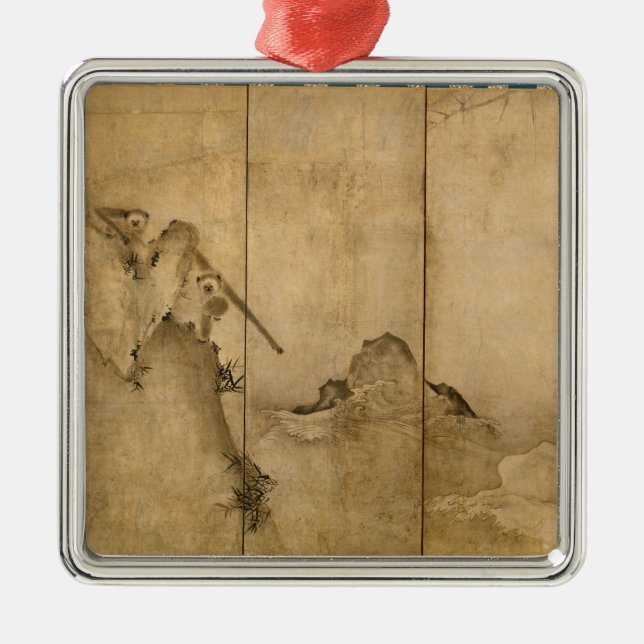 Japanese Ink on paper Gibbons Primates & Landscape Metal Ornament (Front)