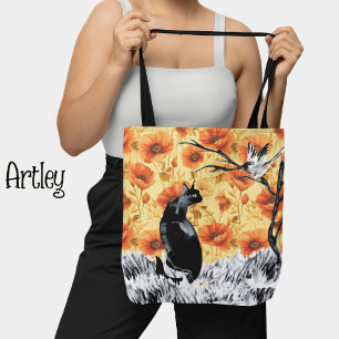 Japanese Ink Painted Cat Bird Orange Poppy Tote Bag