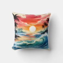 Japanese Ink Style Art Ocean Waves Sunset Palms